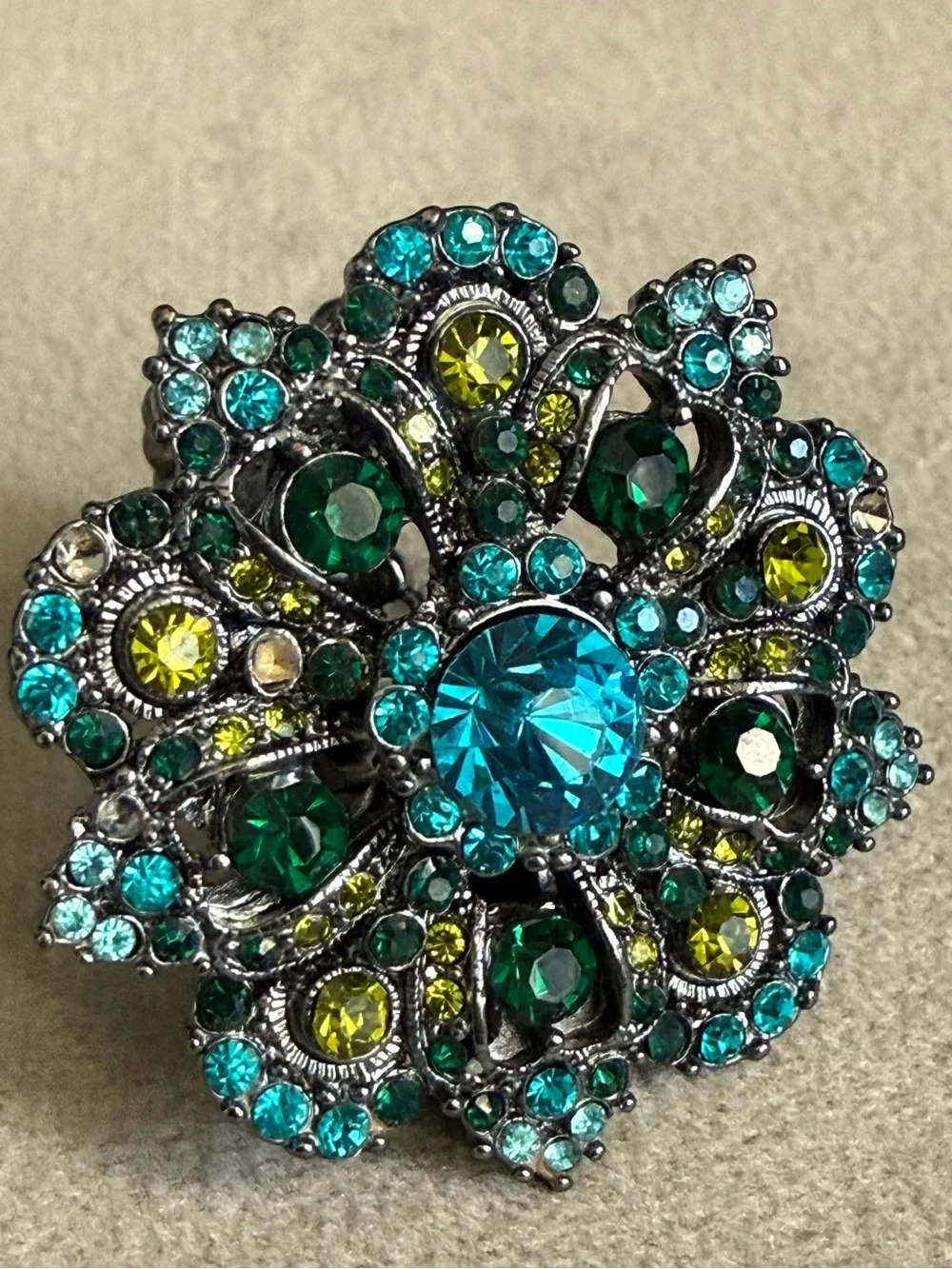 Teal & Emerald Crystal Floral Statement Ring